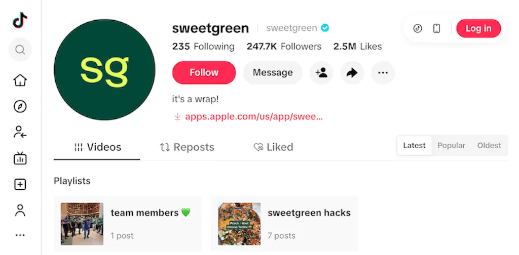 Sweetgreen TikTok profile showing 247k followers and a bio linking to their shop and mobile app.