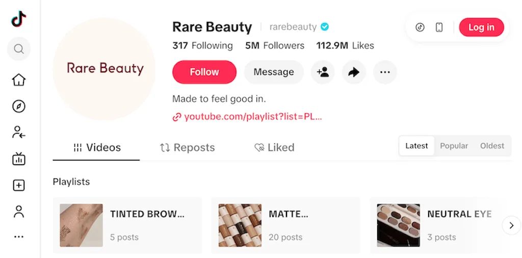 Rare Beauty TikTok profile showing 5M followers and their brand message Made to feel good in.