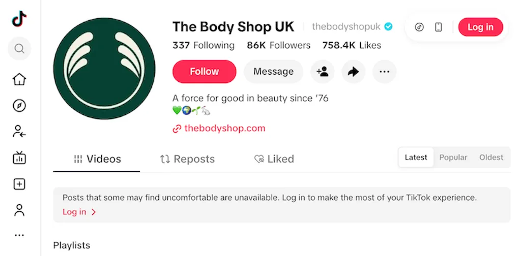 The Body Shop UK TikTok profile describing the brand as a force for good in beauty since 1976.