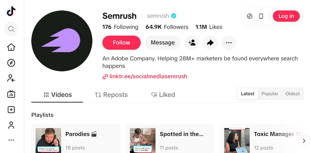 Semrush TikTok profile highlighting their status as an Adobe company helping 28M marketers.