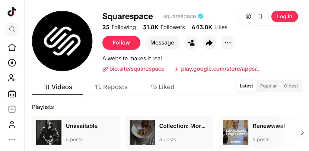 Squarespace TikTok profile with the tagline A website makes it real and links to their website.