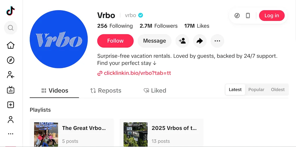 Vrbo TikTok profile emphasizing surprise free vacation rentals and 24/7 guest support.