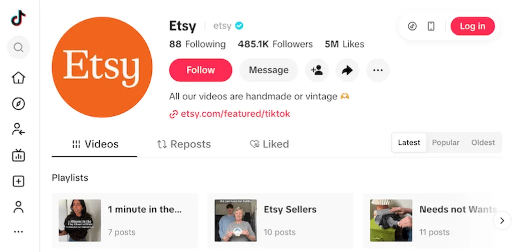 Etsy TikTok profile with 482k followers and a bio stating all videos feature handmade or vintage items.