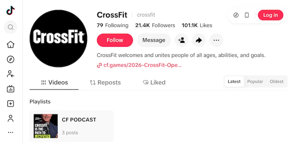 CrossFit's TikTok profile showing 21.1K followers, 98K likes, and a CF Podcast playlist with 3 posts.