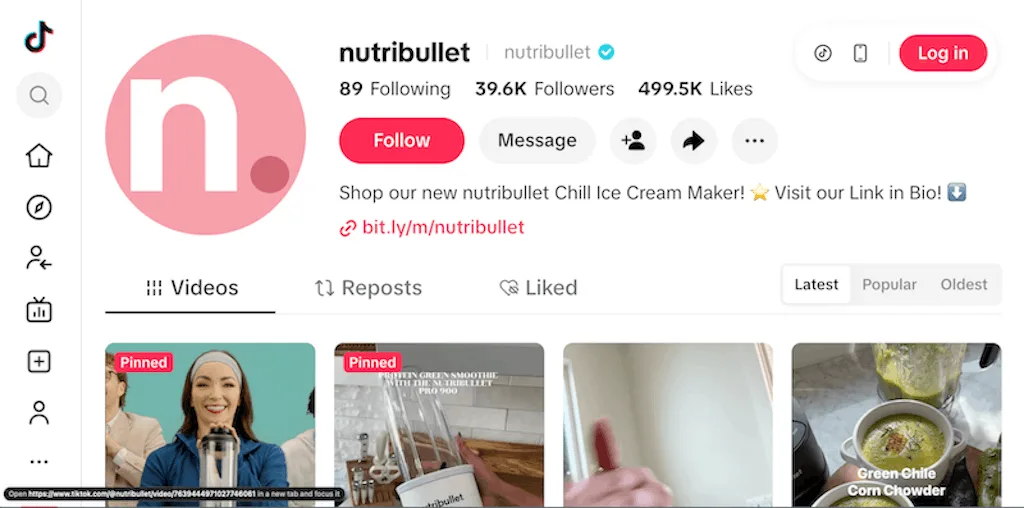 Nutribullet's TikTok profile showing 39.5K followers with pinned videos including one with 24.3M views.