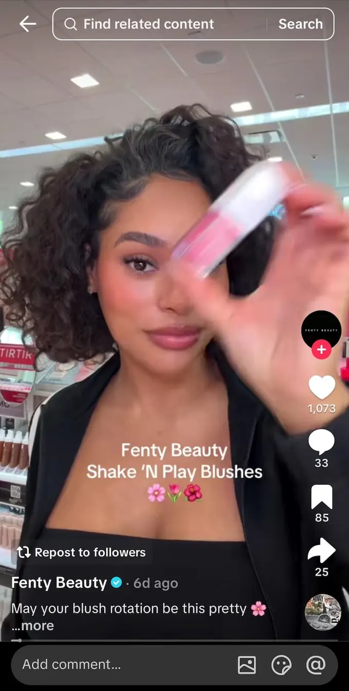 A screenshot of an influencer TikTok video from Fenty Beauty.