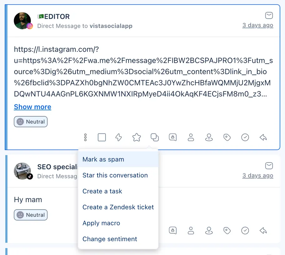 How to mark a message as spam in the Vista Social inbox.