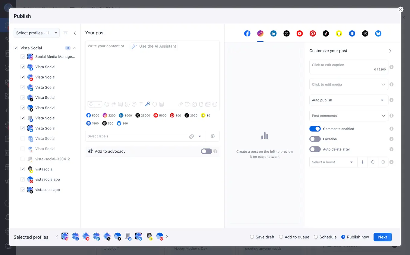 The Vista Social publishing interface.