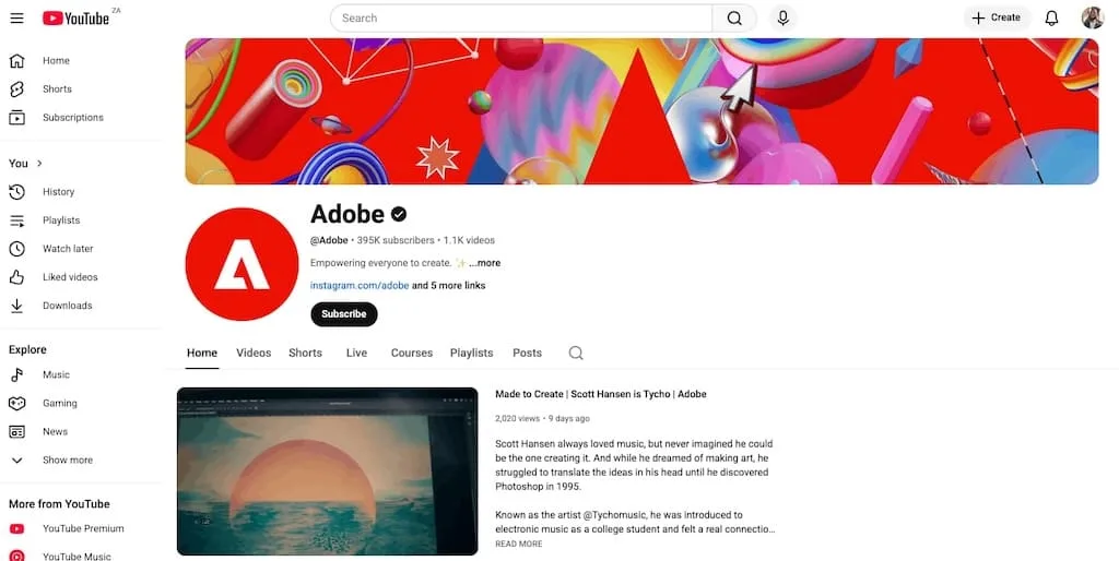 Screenshot of Adobe YouTube channel homepage showing 391K subscribers and creative tutorial content.