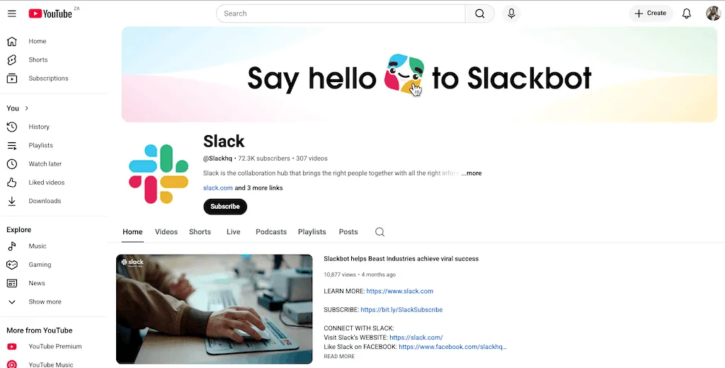 Screenshot of Slack YouTube channel homepage showing 72.2K subscribers and team collaboration content.