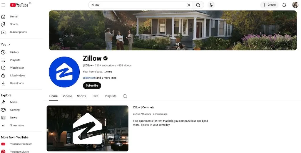 Screenshot of Zillow YouTube channel homepage showing 110K subscribers and real estate content.