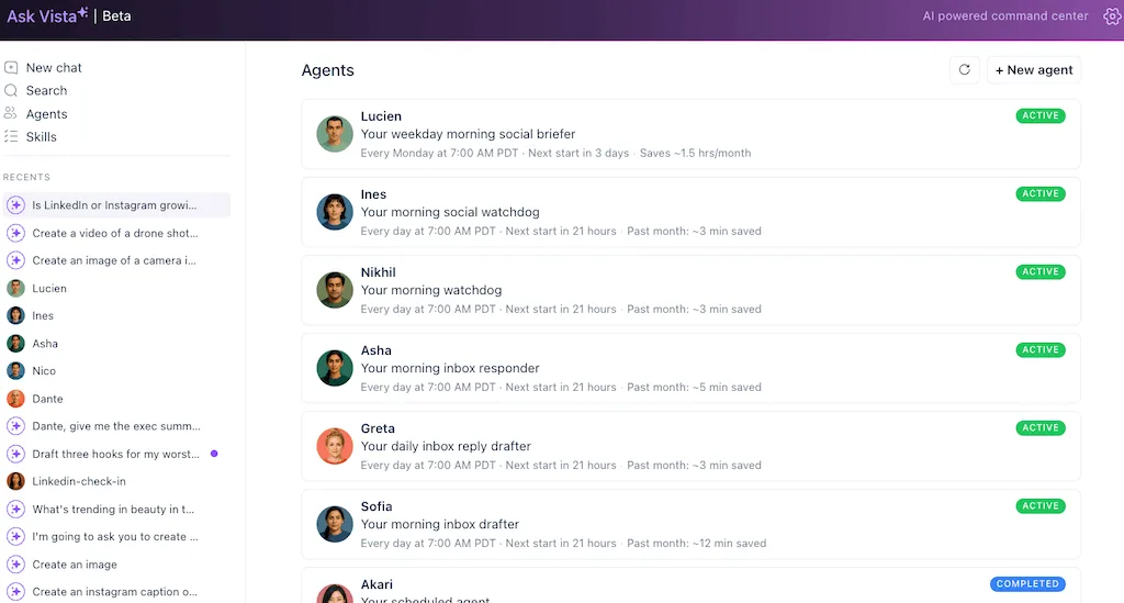 The custom AI agents manager page in Ask Vista displays active assistants like Lucien, Ines, Nikhil, Asha, and Greta.