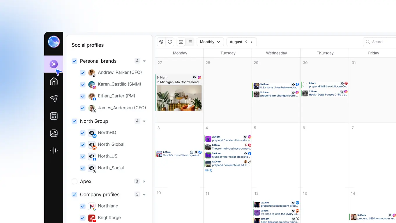 Ask Vista in the Vista Social sidebar beside a monthly content calendar spanning multiple social profiles.