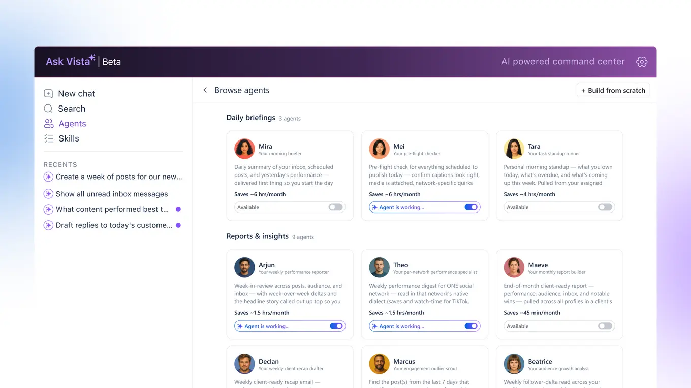 Ask Vista agent library showing daily briefing and reporting agents, each with monthly hours saved.
