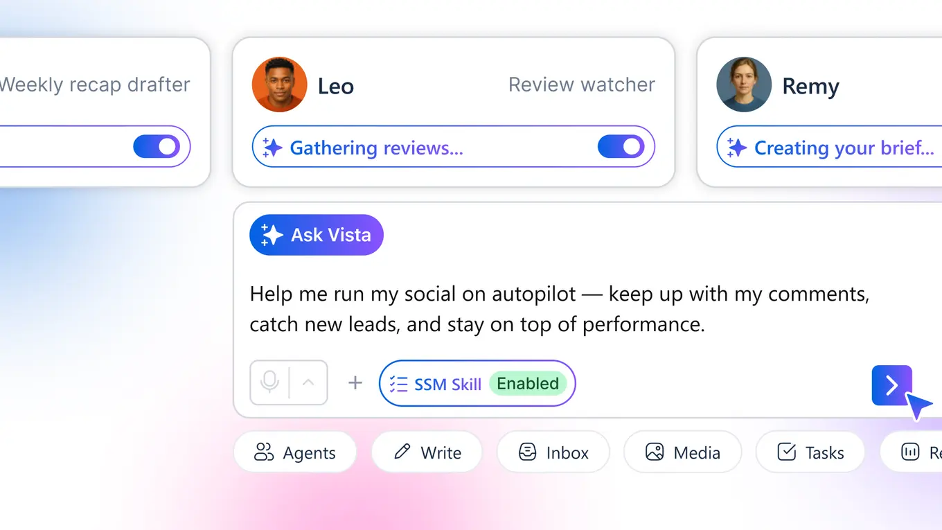 Ask Vista chat with agents Leo and Remy active, plus a prompt to run social on autopilot and catch new leads.