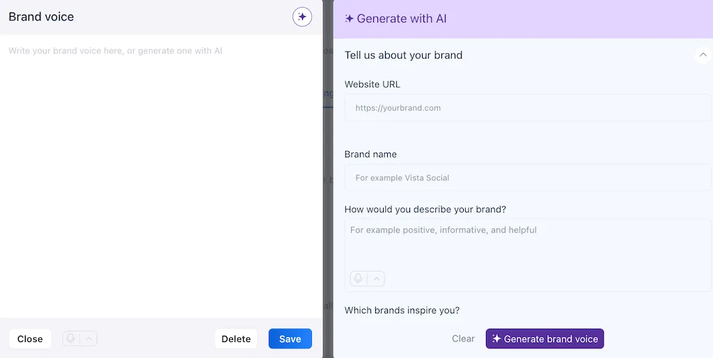 The brand voice workspace within the platform, showing fields to describe a brand and generate unique messaging styles.