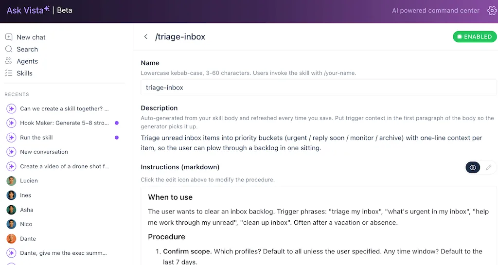 The settings configuration screen for the triage inbox skill, displaying rules to sort incoming unread messages.