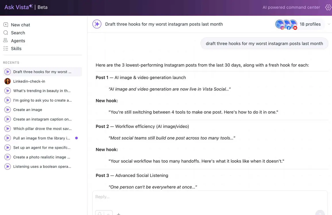 An Ask Vista chat interface displaying AI-generated hook recommendations for low-performing Instagram posts.