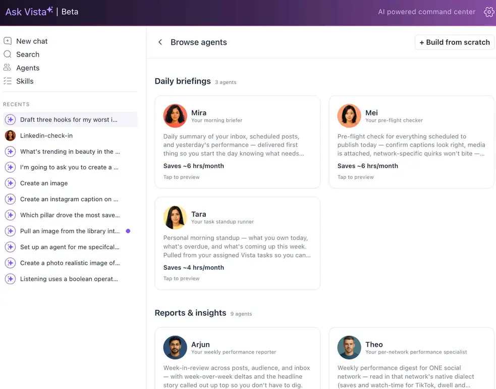 The Browse Agents dashboard in Ask Vista displaying preset AI agents like Mira, Mei, Tara, Arjun, and Theo.