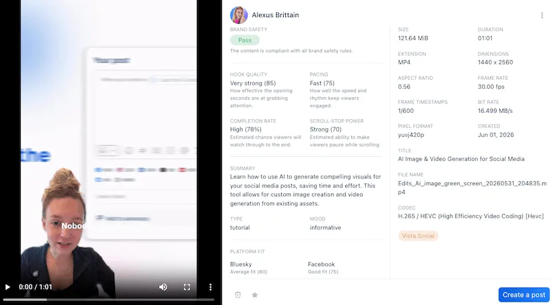 A dashboard preview analyzing a vertical tutorial video's hook quality, pacing, scroll-stop power, and completion rate.
