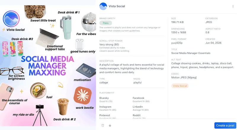 Vista Social's media panel displaying content safety analytics, platform fit scores, and asset data for an image collage.