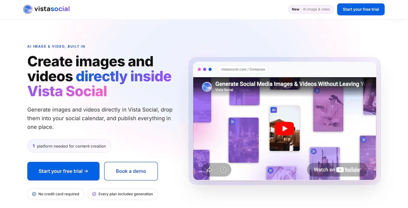 A screenshot of Vista Social's AI image and video generation landing page.