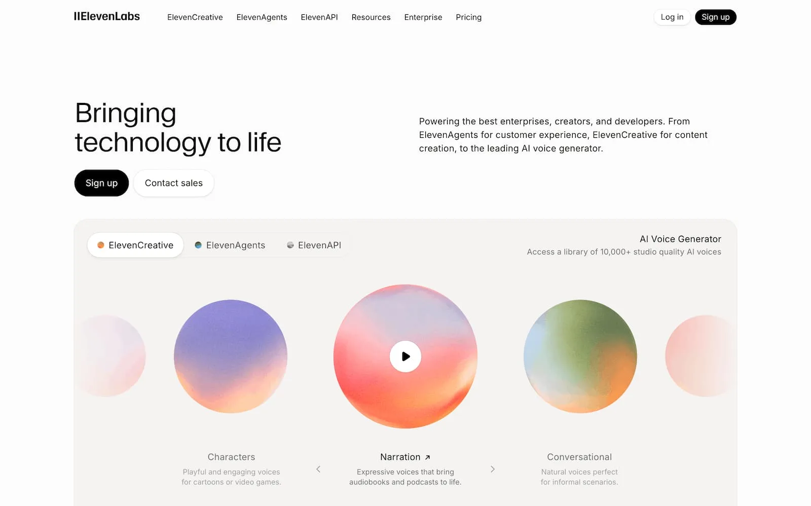 A screenshot of AI content creation tool ElevenLabs's website.