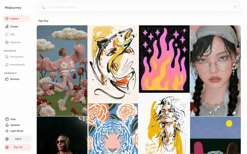 A screenshot of AI content creation tool Midjourney's website.