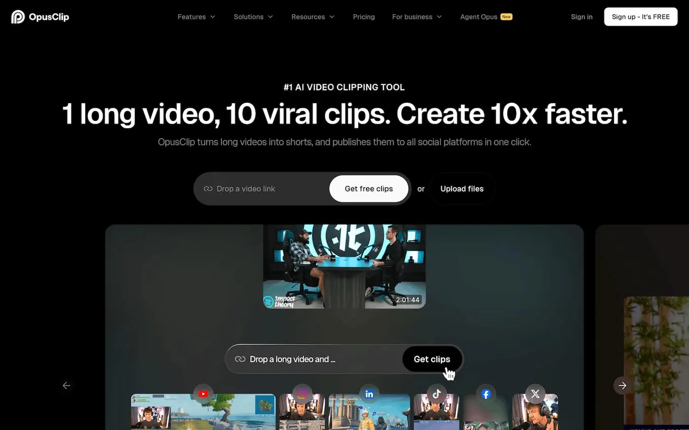 A screenshot of AI content creation tool Opus Clip's website.
