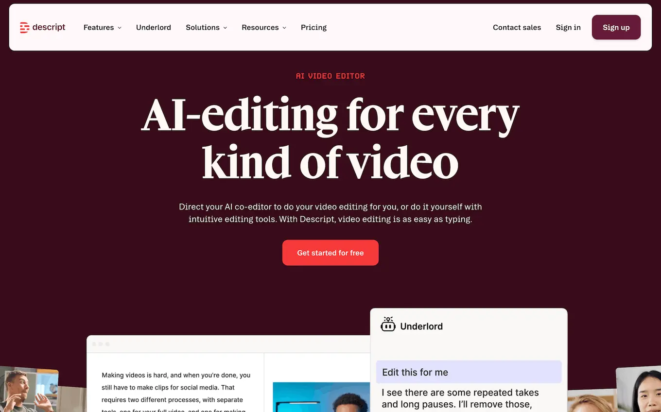 A screenshot of AI content creation tool Descript's website.