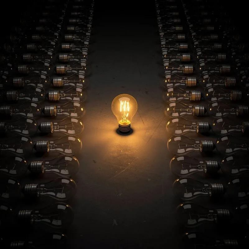 Glowing lightbulb against a dark background, symbolizing ideas and creativity.