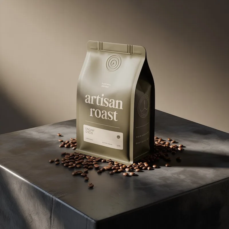 Styled coffee bag on dark concrete with side lighting, coffee beans, and rich tones.