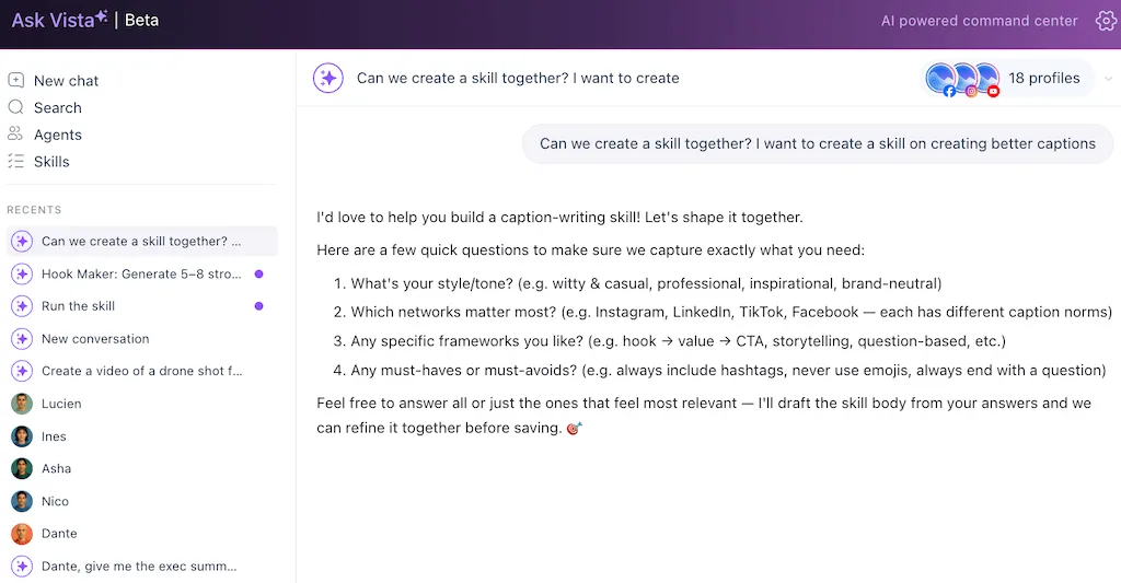 An interactive chat session with Ask Vista collaborating on building a custom caption writing skill from scratch.