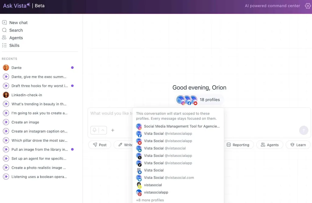 The Ask Vista chat dashboard with a dropdown selection menu highlighting attached social media profiles to scope context.