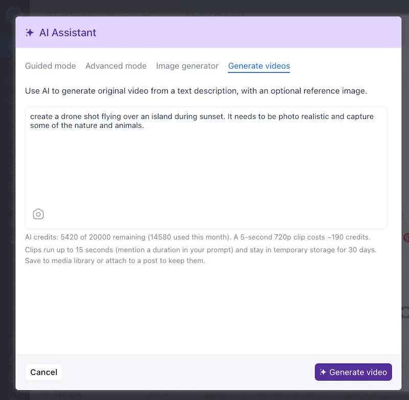 An AI Assistant video generation dashboard interface with a text prompt window for creating original clips.