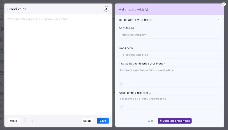 The internal "Generate with AI" settings menu inside Vista Social used to create and define a unique brand voice.