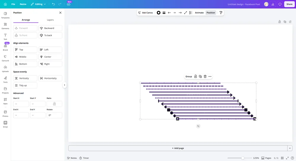 Canva's Position panel showing Tidy Up and alignment options with grouped elements on the canvas.