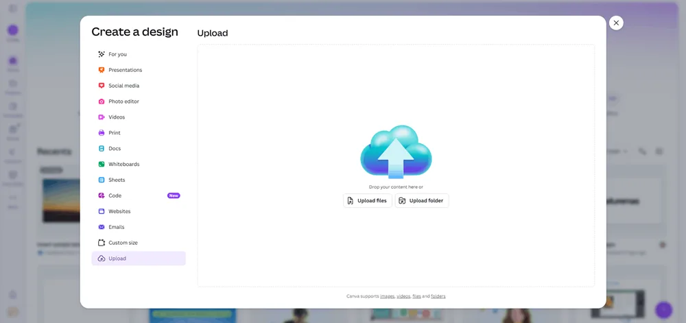 Canva's upload dialog for importing files, used for the upload-PDF-to-edit canva hack.