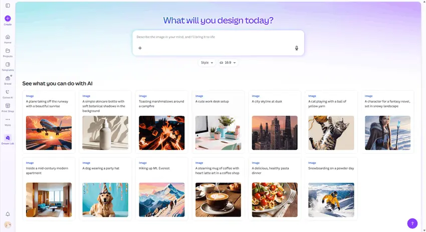 Canva's Dream Lab AI image generator interface with prompt field and sample outputs.