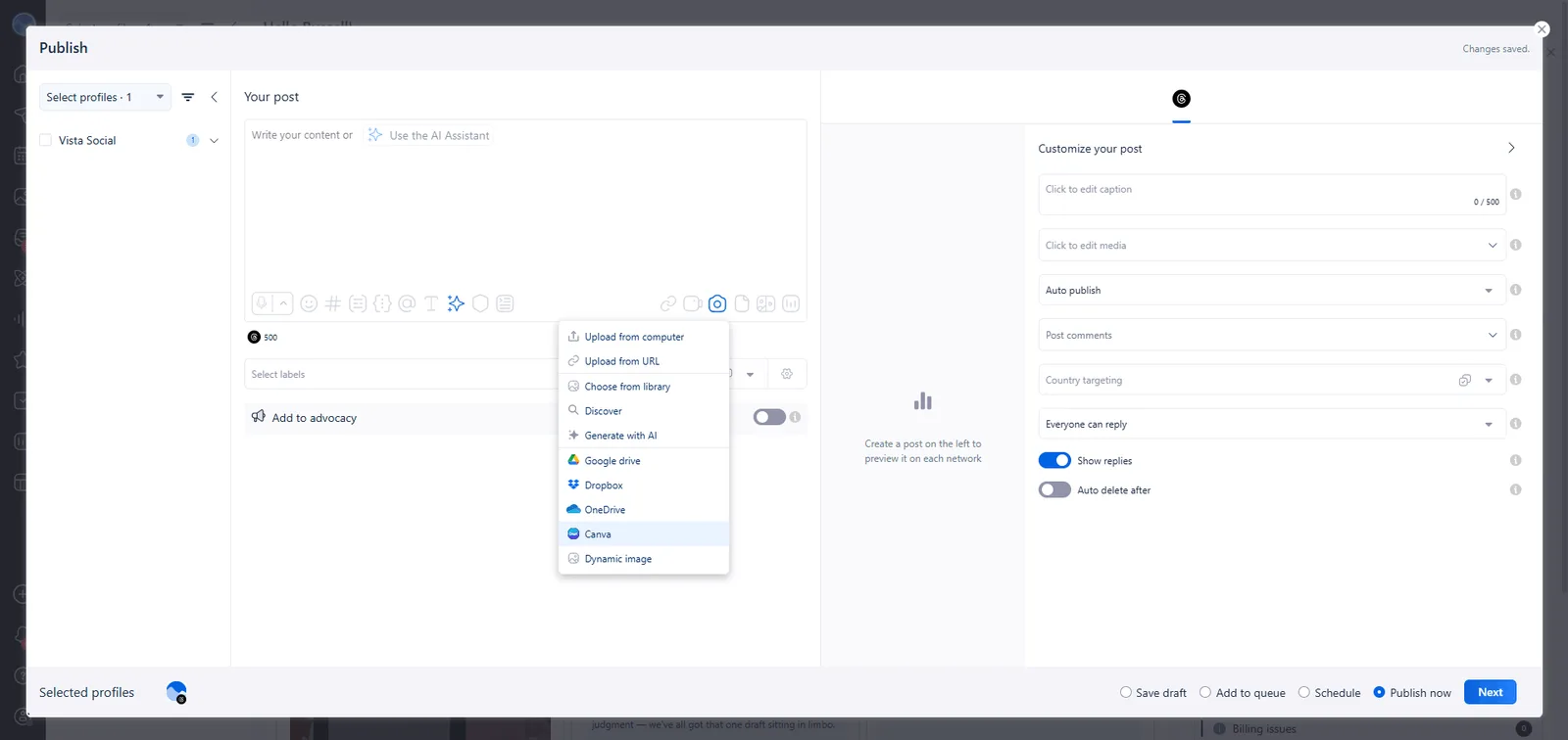Vista Social's publisher showing the Canva option in the media upload menu for direct integration.