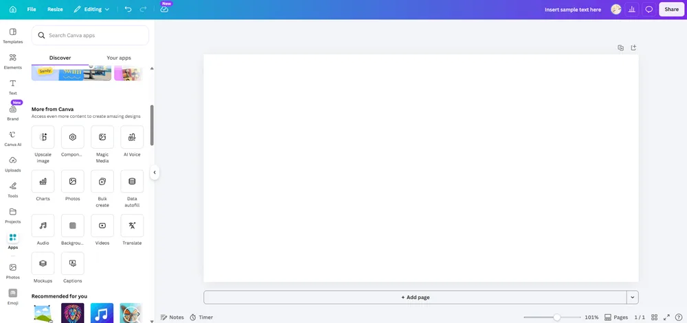 Canva's Apps panel showing tools like Bulk create, Magic Media, Translate, and Captions.