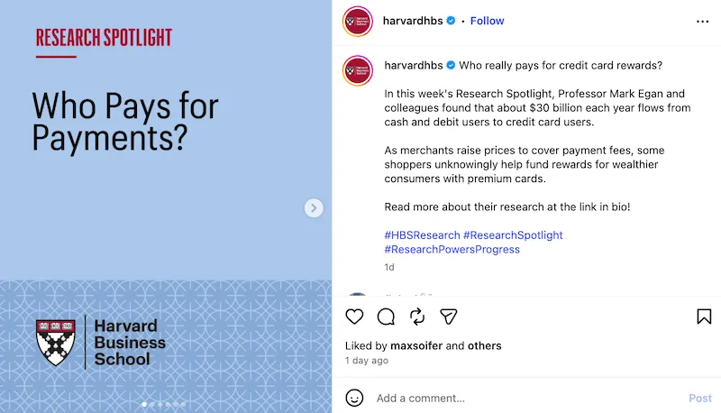 An Instagram slide from Harvard Business School titled "Research Spotlight: Who Pays for Payments?"
