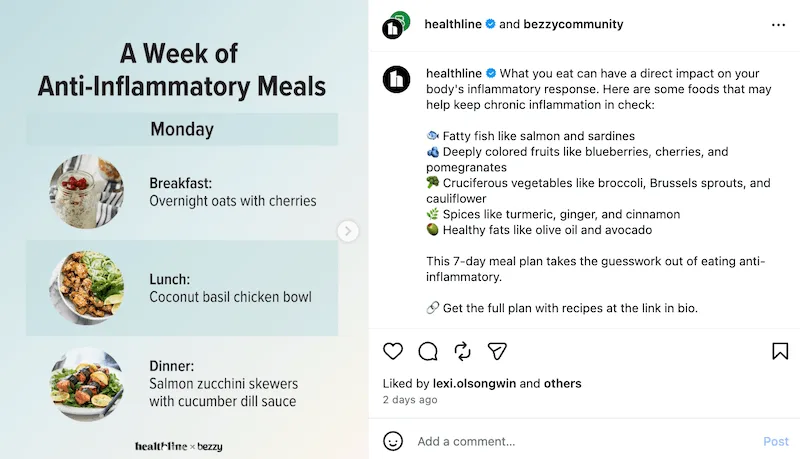 An Instagram meal infographic from Healthline displaying a list of anti-inflammatory dishes for Monday.