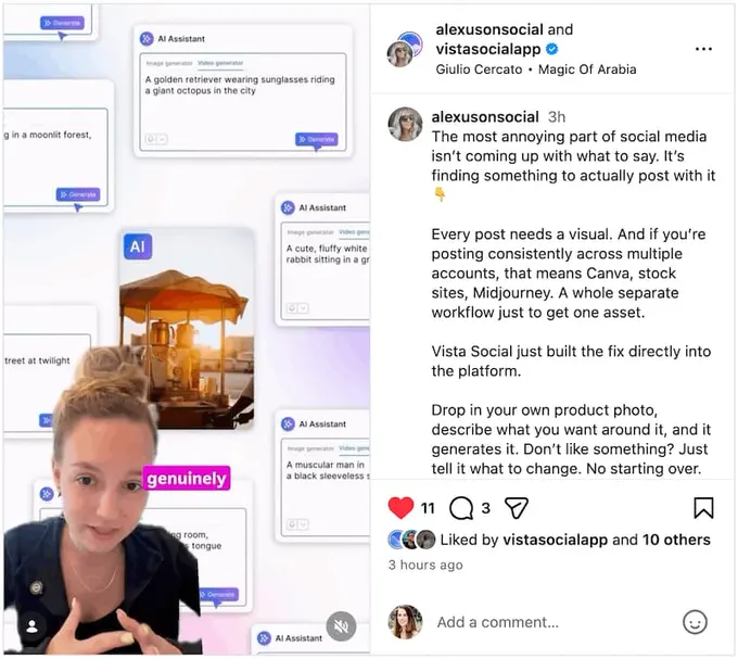 A screenshot of an Instagram collab post example from Vista Social and Alexus Brittain.