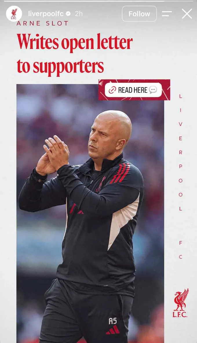 Arne Slot in LFC kit applauding, bold red 'Writes open letter to supporters' headline and READ HERE link.