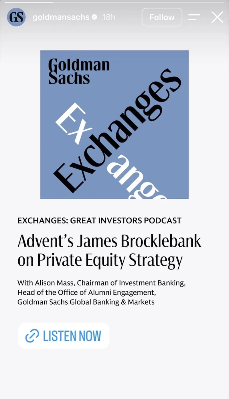 Exchanges podcast card for Brocklebank private equity episode on blue artwork with LISTEN NOW link.