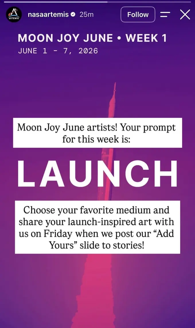 Moon Joy June Week 1 graphic with rocket image and large LAUNCH community art series prompt text.