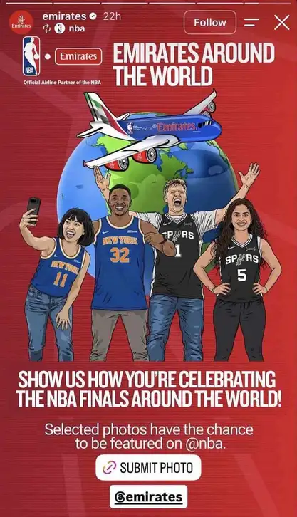Red graphic with illustrated fans in NBA jerseys, Emirates plane over globe, Submit Photo link sticker.