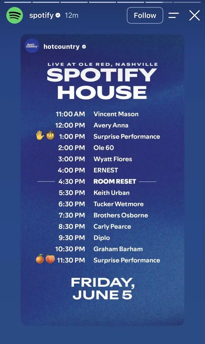 Spotify House Nashville lineup, Keith Urban, Carly Pearce, Diplo and two blank surprise performance slots listed.