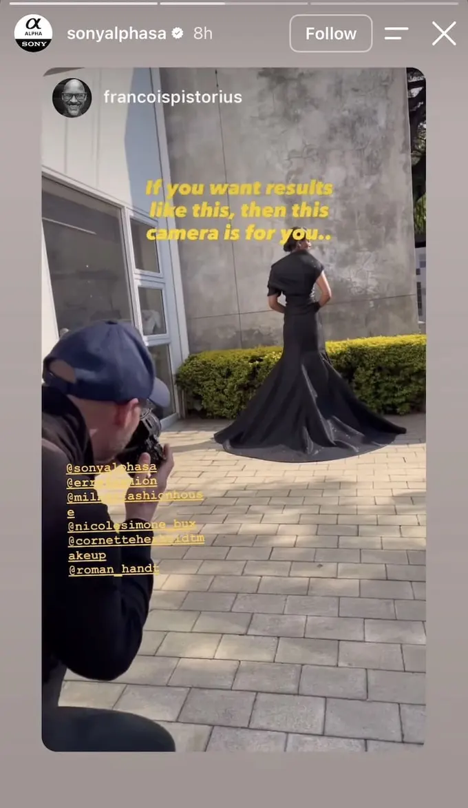 Creator shoots model in long black gown outdoors, yellow 'this camera is for you' text overlay on image.